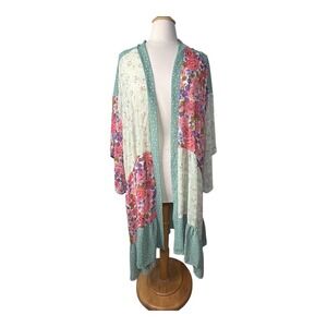 GIGIO USA Floral Patchwork Kimono Duster Green Pink Bohemian‎ Women Size Medium
